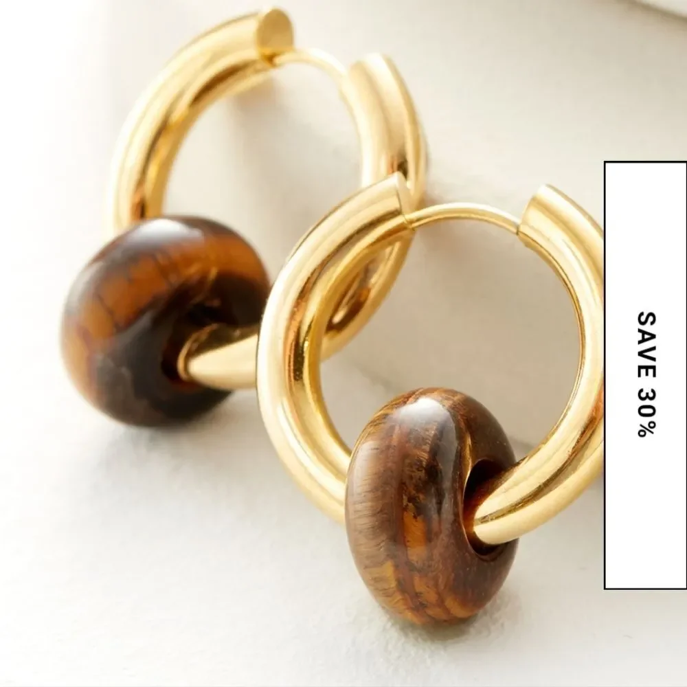 SOFT SURROUNDINGS Onion Hoop earrings tiger's eye gold plated | NWOT - Picture 3 of 8